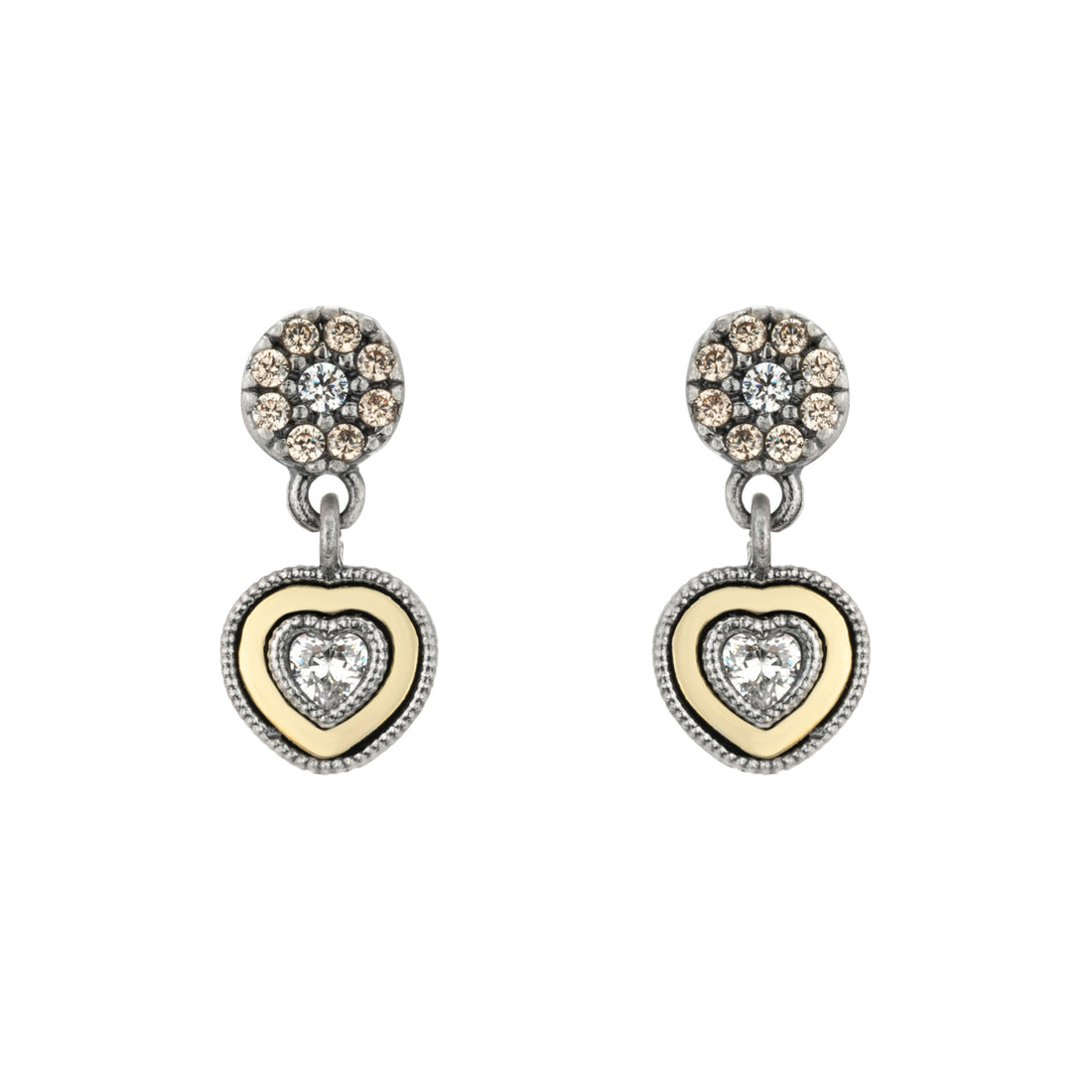 Pendientes Plata y Bronce Corazón Circonitas