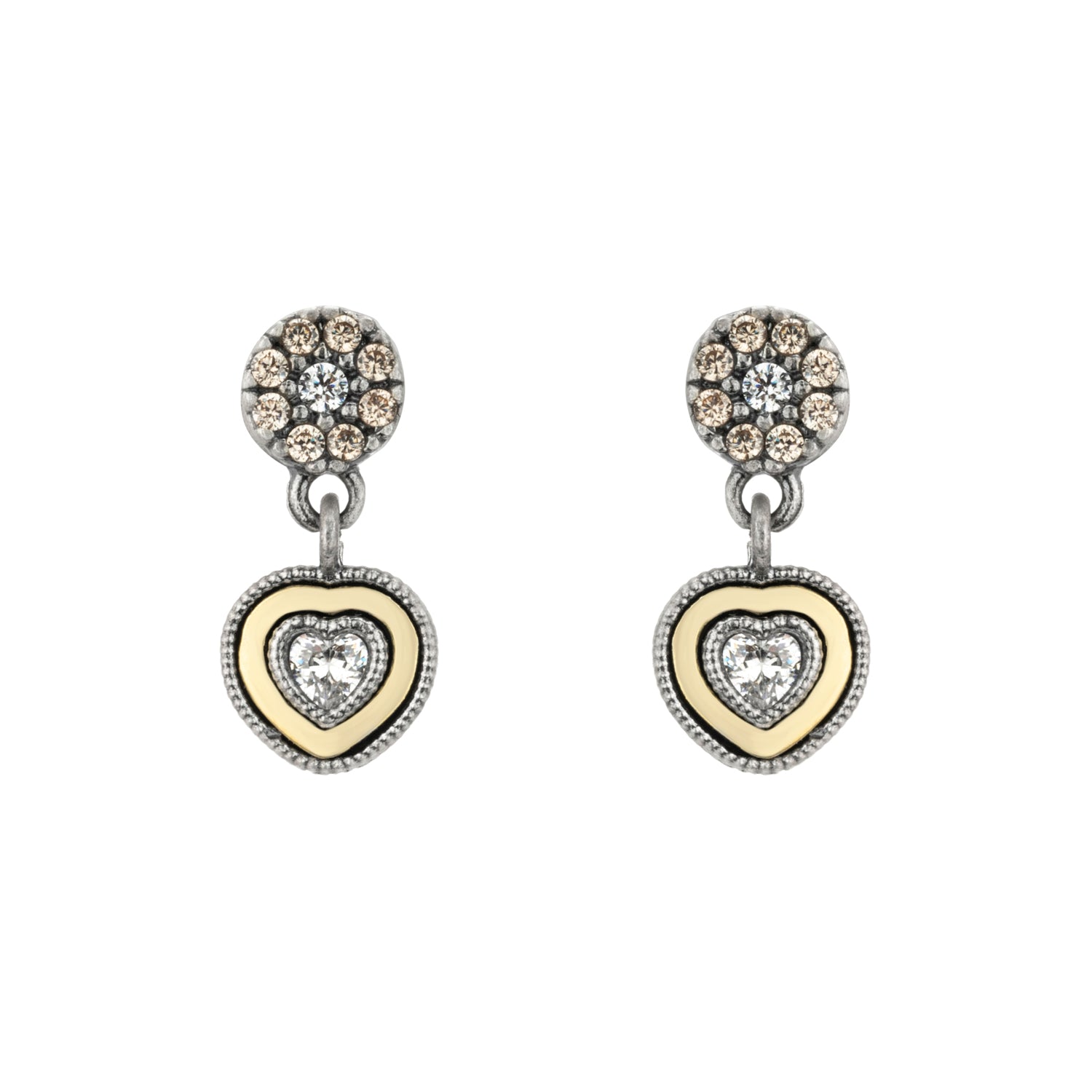 Pendientes Plata y Bronce Corazón Circonitas