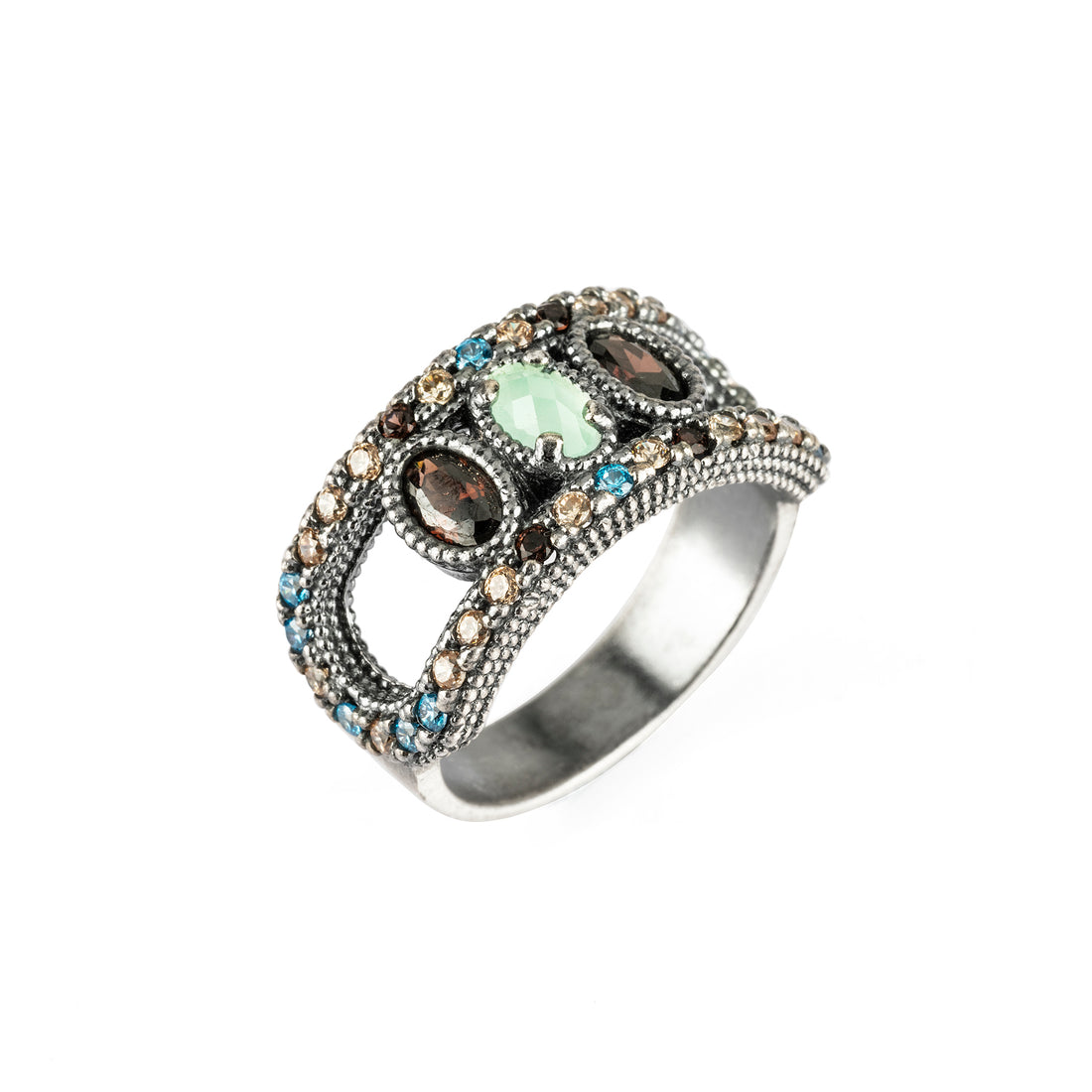 FAT-51 ANILLO PLATA FÁTIMA, OJO DE GATO AZUL, CALCEDONIA, CIRCONITAS