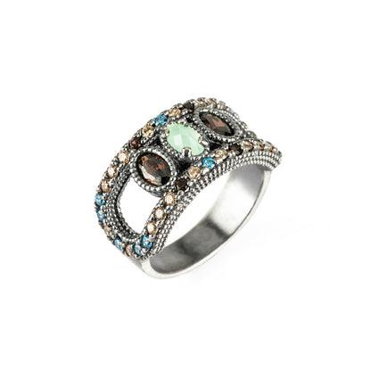 FAT-51 ANILLO PLATA FÁTIMA, OJO DE GATO AZUL, CALCEDONIA, CIRCONITAS