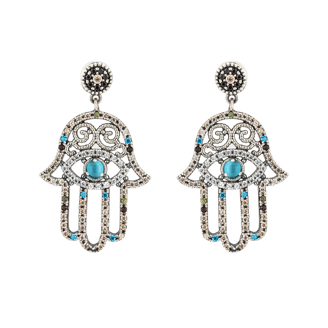 FAT-55 PENDIENTES PLATA FÁTIMA LARGOS, OJO DE GATO AZUL, CIRCONITA TOPACIO, CAVA, BLANCA
