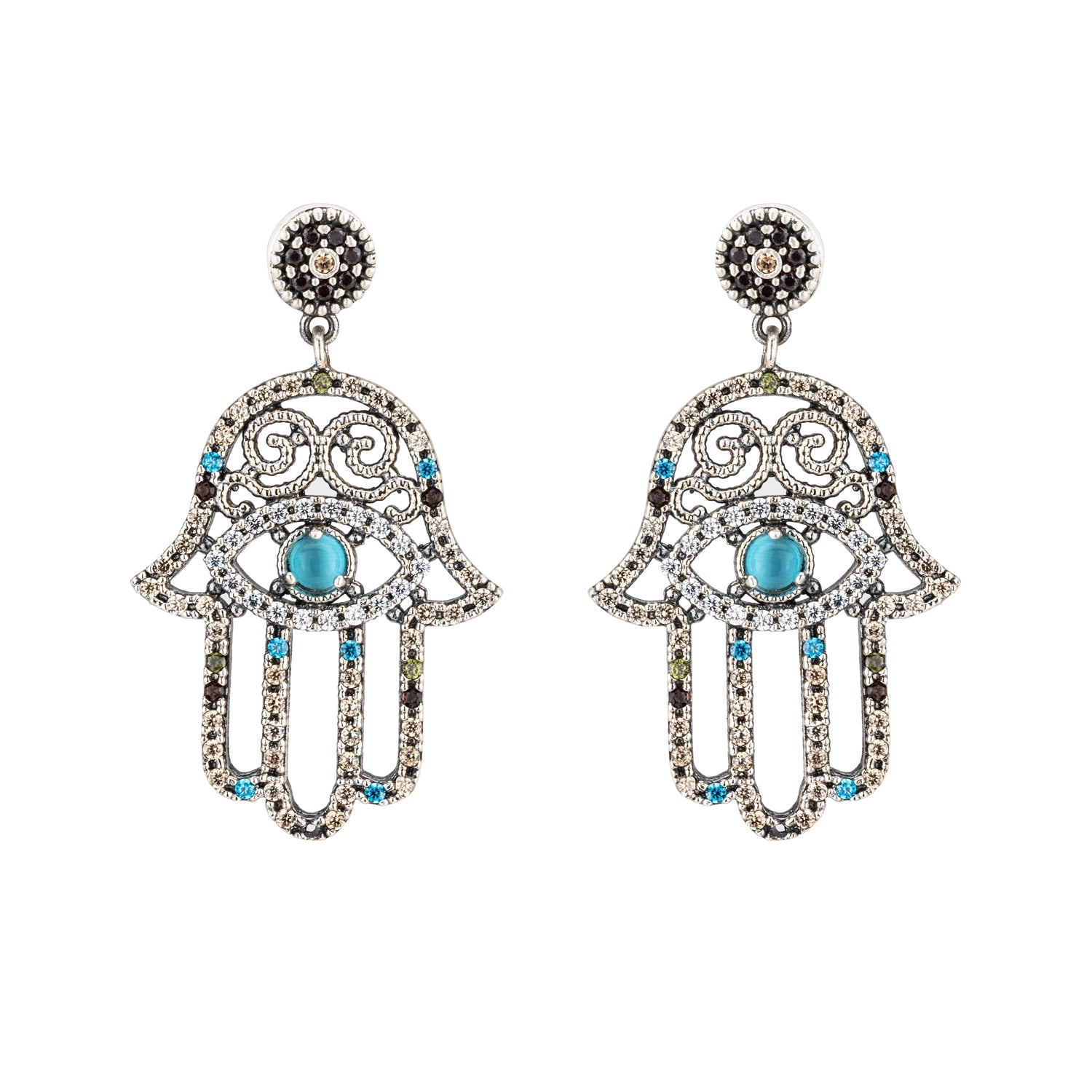 FAT-55 PENDIENTES PLATA FÁTIMA LARGOS, OJO DE GATO AZUL, CIRCONITA TOPACIO, CAVA, BLANCA