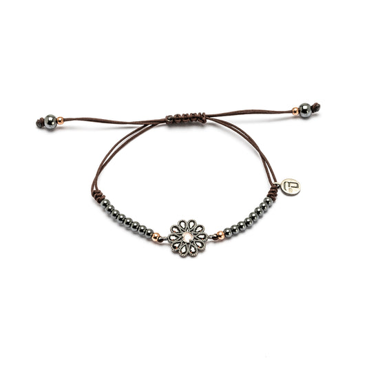 MA-500 PULSERA MACRAMÉ OJO GATO ROSA, PERAS CIRCO BROWN