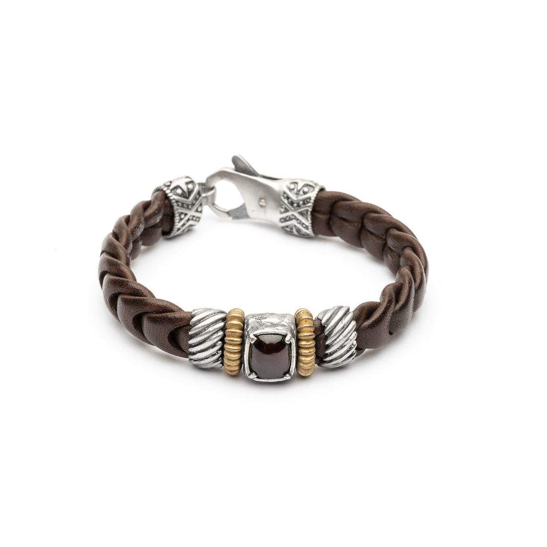 Pulsera Cuero Plata y Bronce Granate