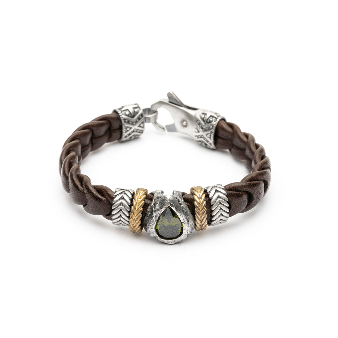 Pulsera Cuero Plata y Bronce Verde
