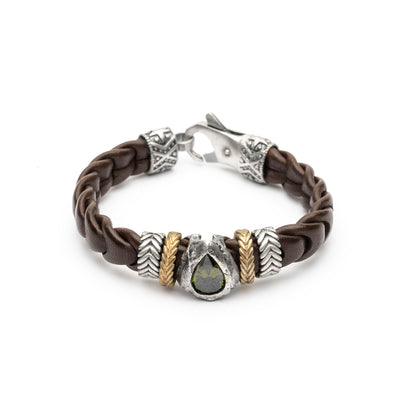 Pulsera Cuero Plata y Bronce Verde