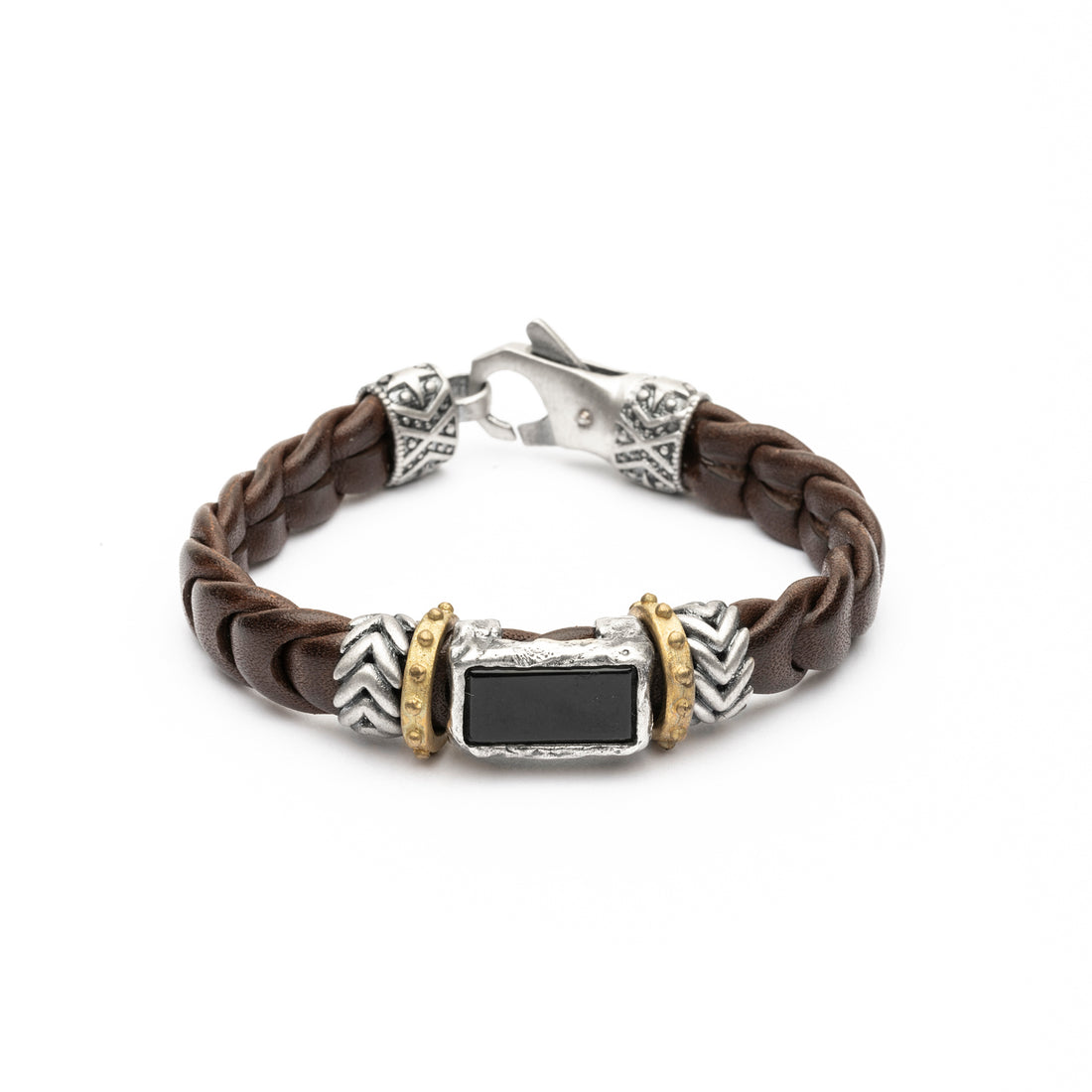 Pulsera Cuero Plata y Bronce Rectangular