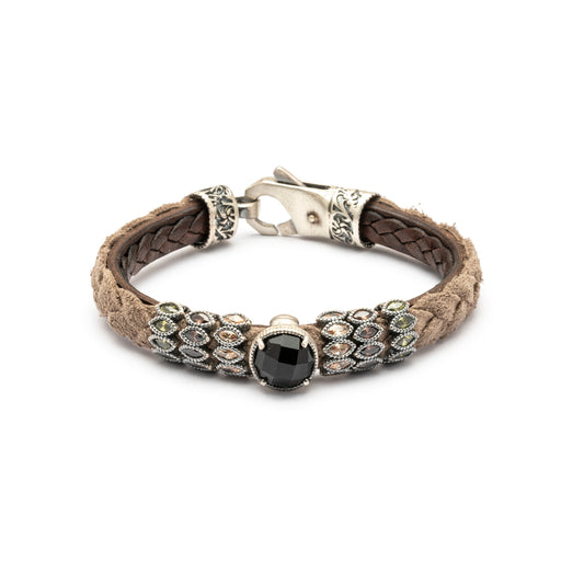 MOK-43 PULSERA PLATA CUERO, ÓNIX FACETADO, NAVETTES CIRCO TRICOLOR