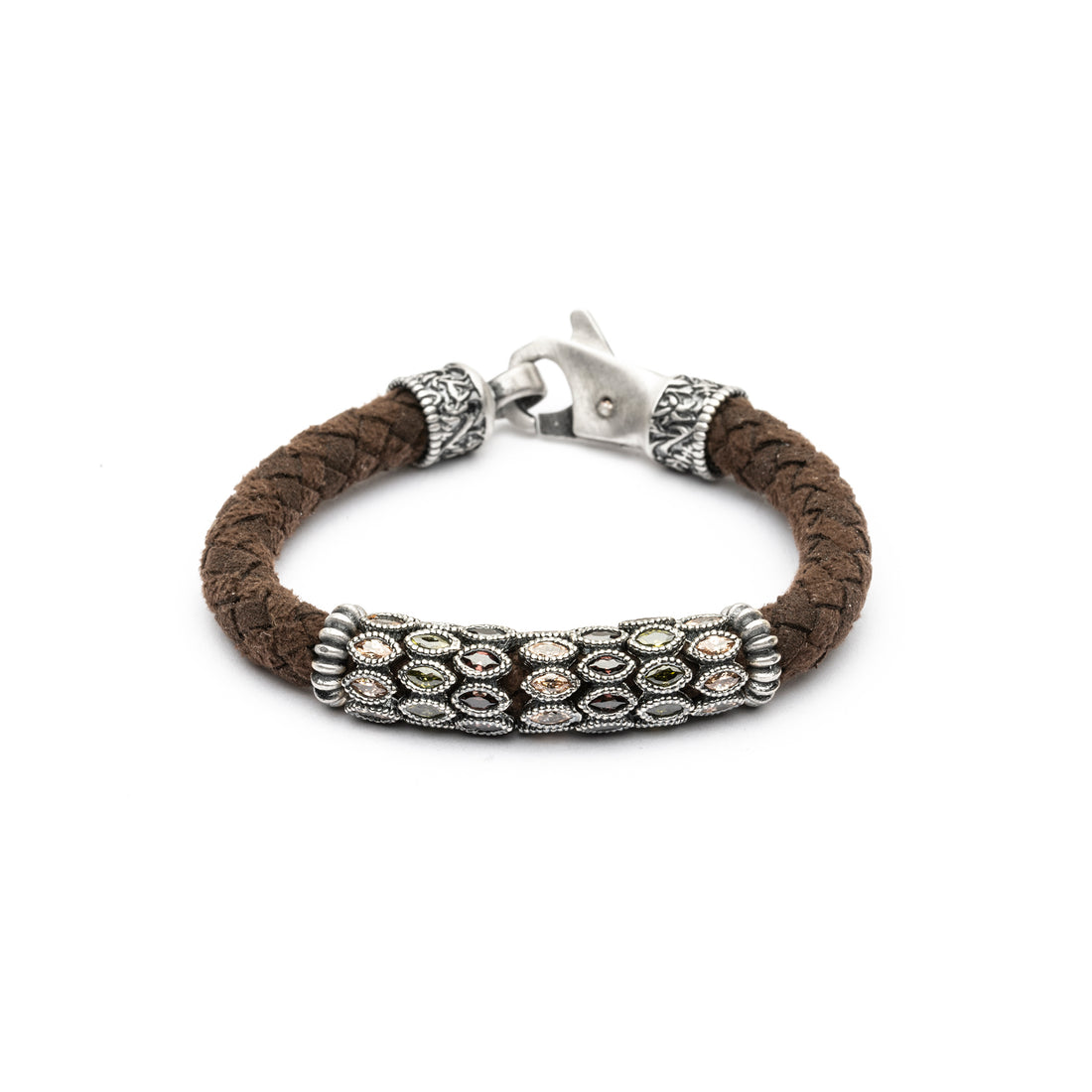 Pulsera Cuero Plata Circonitas Navettes