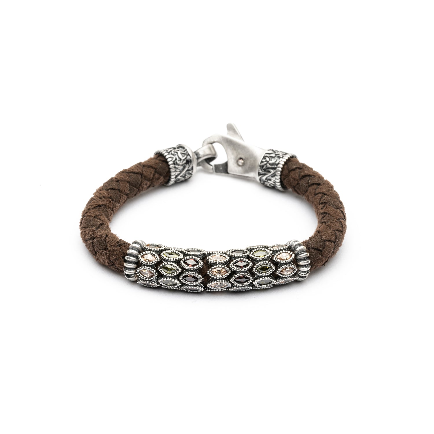 Pulsera Cuero Plata Circonitas Navettes