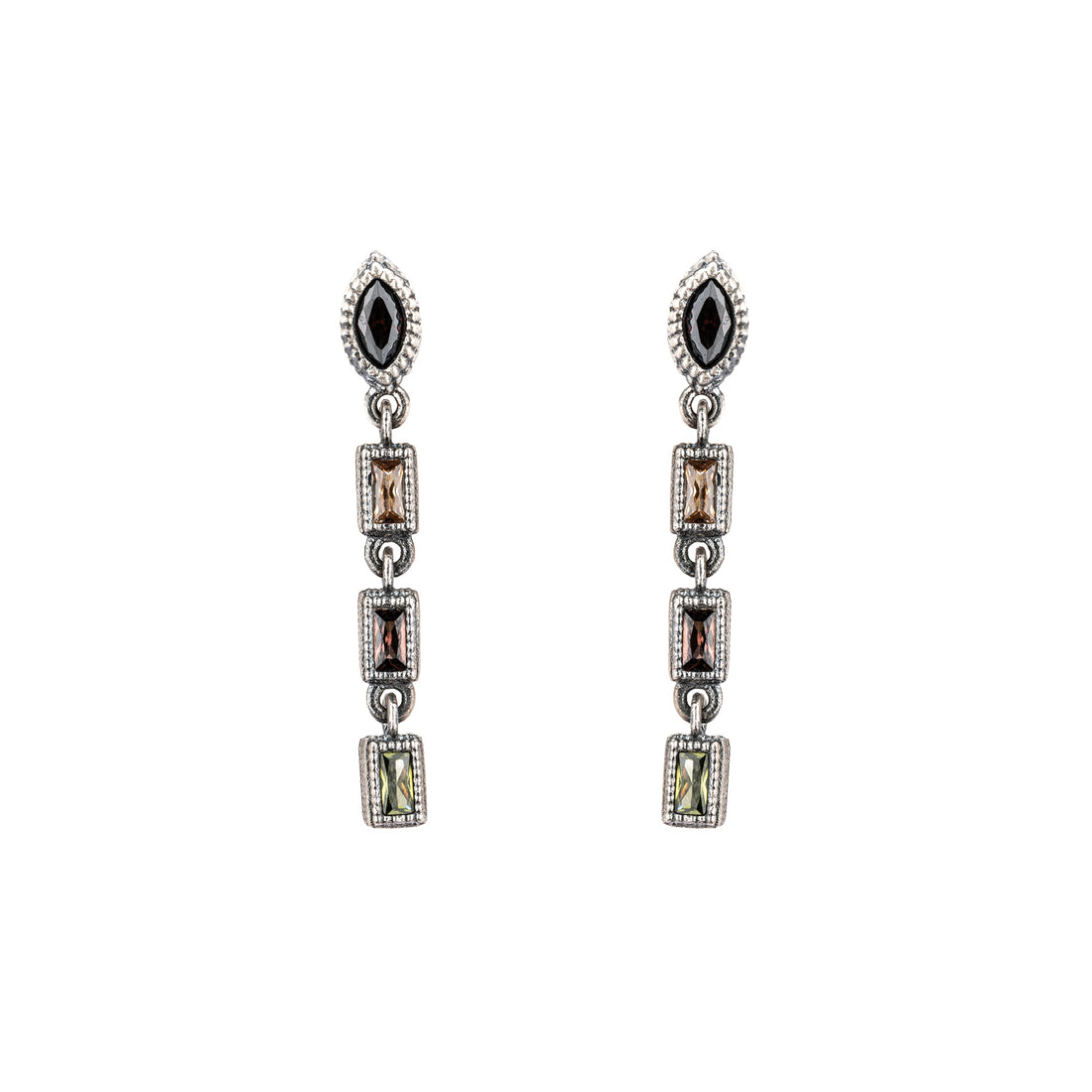 P1102 PENDIENTES PLATA, BAGUETTES CIRCONITAS TRICOLOR