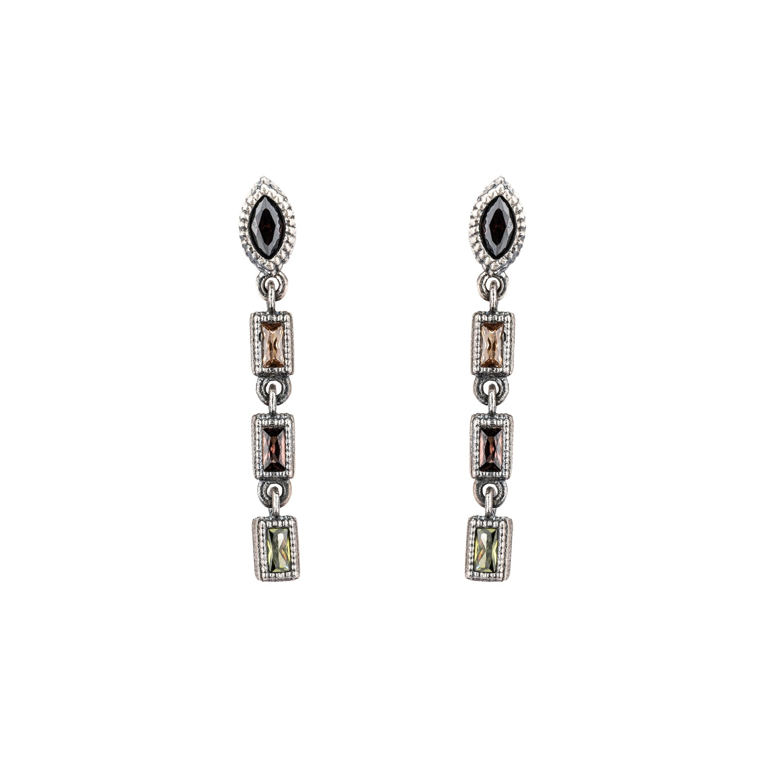 P1102 PENDIENTES PLATA, BAGUETTES CIRCONITAS TRICOLOR