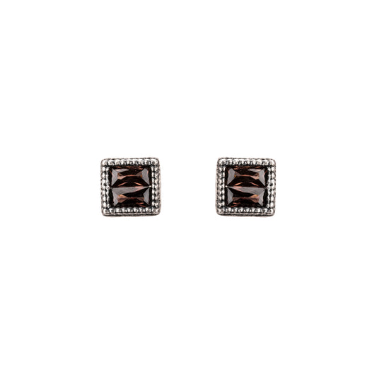 P1107 PENDIENTES BOTÓN PLATA, DOS BAGUETTES CIRCONITAS BROWN