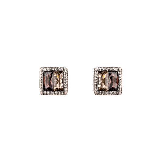 P1111 PENDIENTES BOTÓN PLATA, DOS BAGUETTES CIRCONITAS CAVA, BROWN