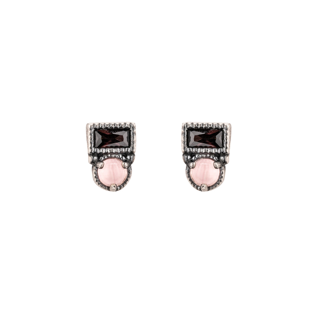 P1112 PENDIENTES BOTÓN PLATA, OJO DE GATO ROSA, BAGUETTE CIRCONITAS BROWN
