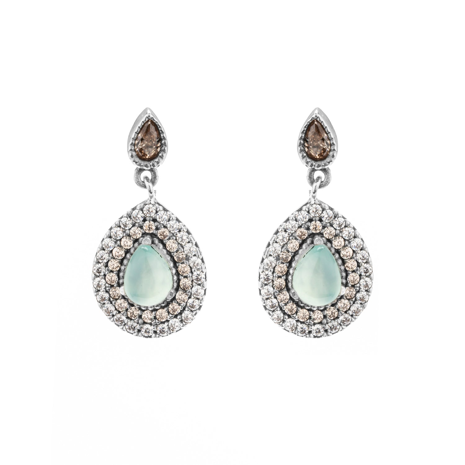 Silver Drop Earrings with Chalcedony and Cubic Zirconia Border