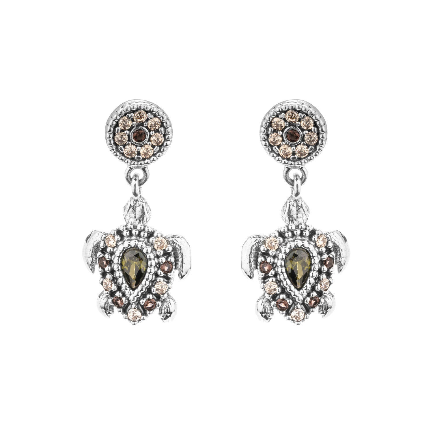 Small Turtle Silver Earrings with Cubic Zirconia