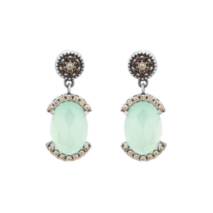 Silver chalcedony earrings with a circus border and champagne-colored details
