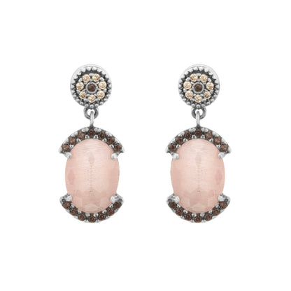 Silver earrings, pink cat eye, brown circus halo