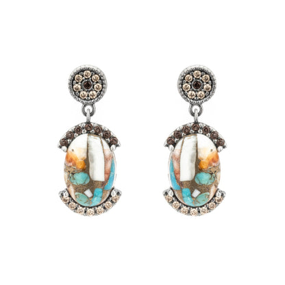Silver turquoise copper earrings with bicolor circlet border