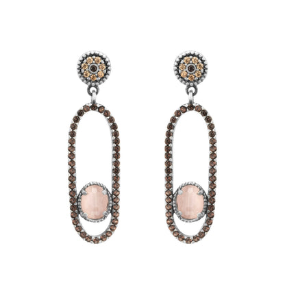 Silver pink cat eye and brown zircons earrings