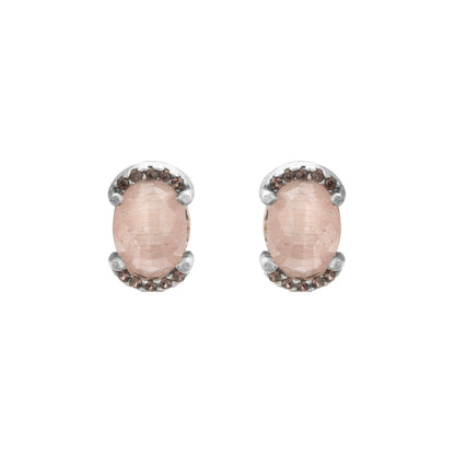 Silver stud earrings, pink cat's eye button, brown circus halo