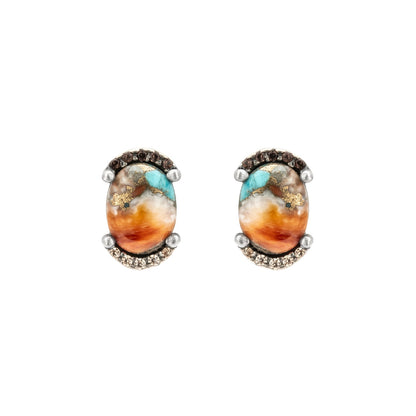 Silver button turquoise earrings copper border bicolor circlets