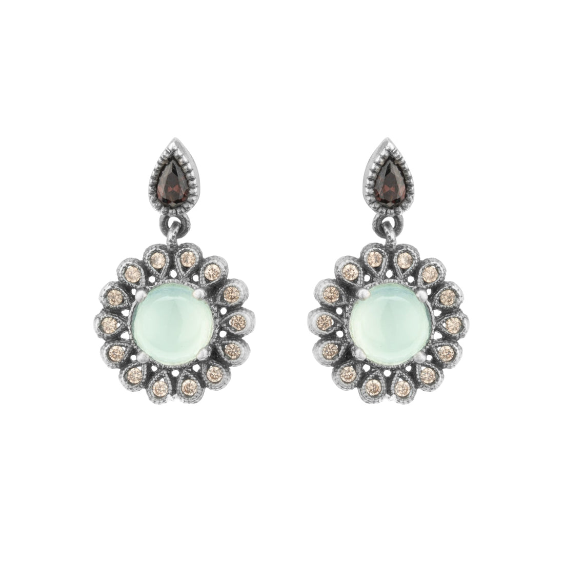 Pendientes plata calcedonia flor, gotas cava