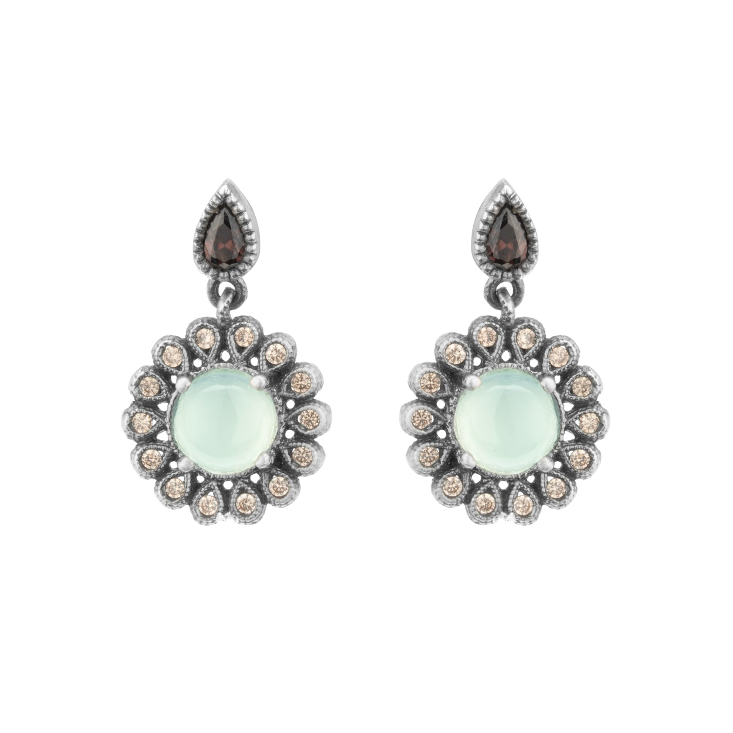 Pendientes plata calcedonia flor, gotas cava