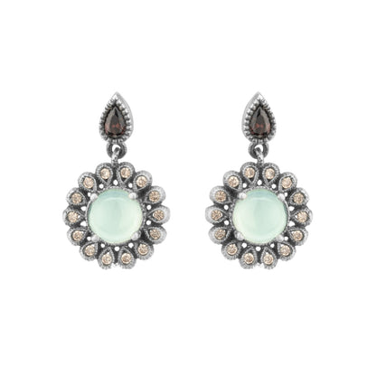 Silver chalcedony flower, cava drops earrings