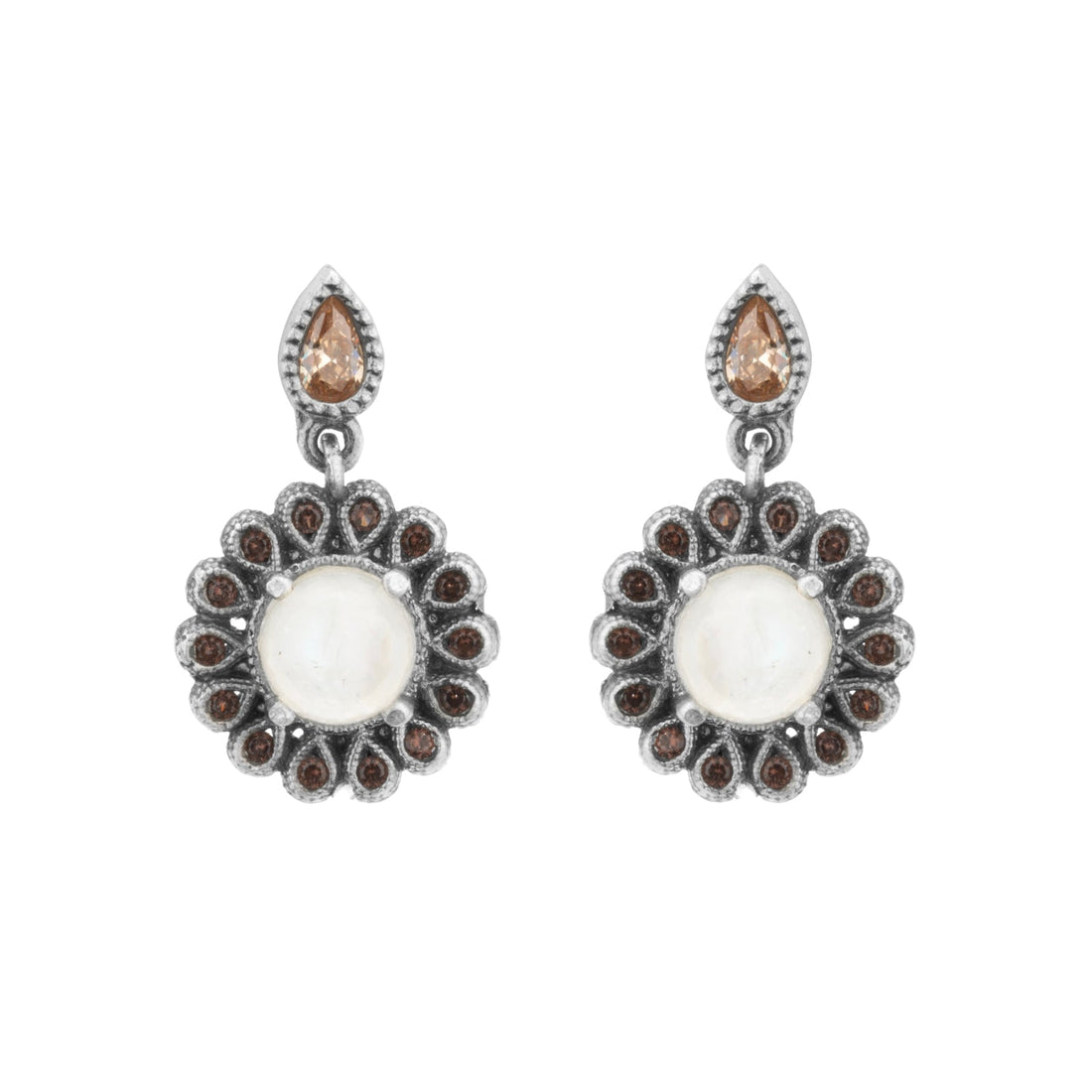 Pendientes plata piedra luna flor, gotas brown