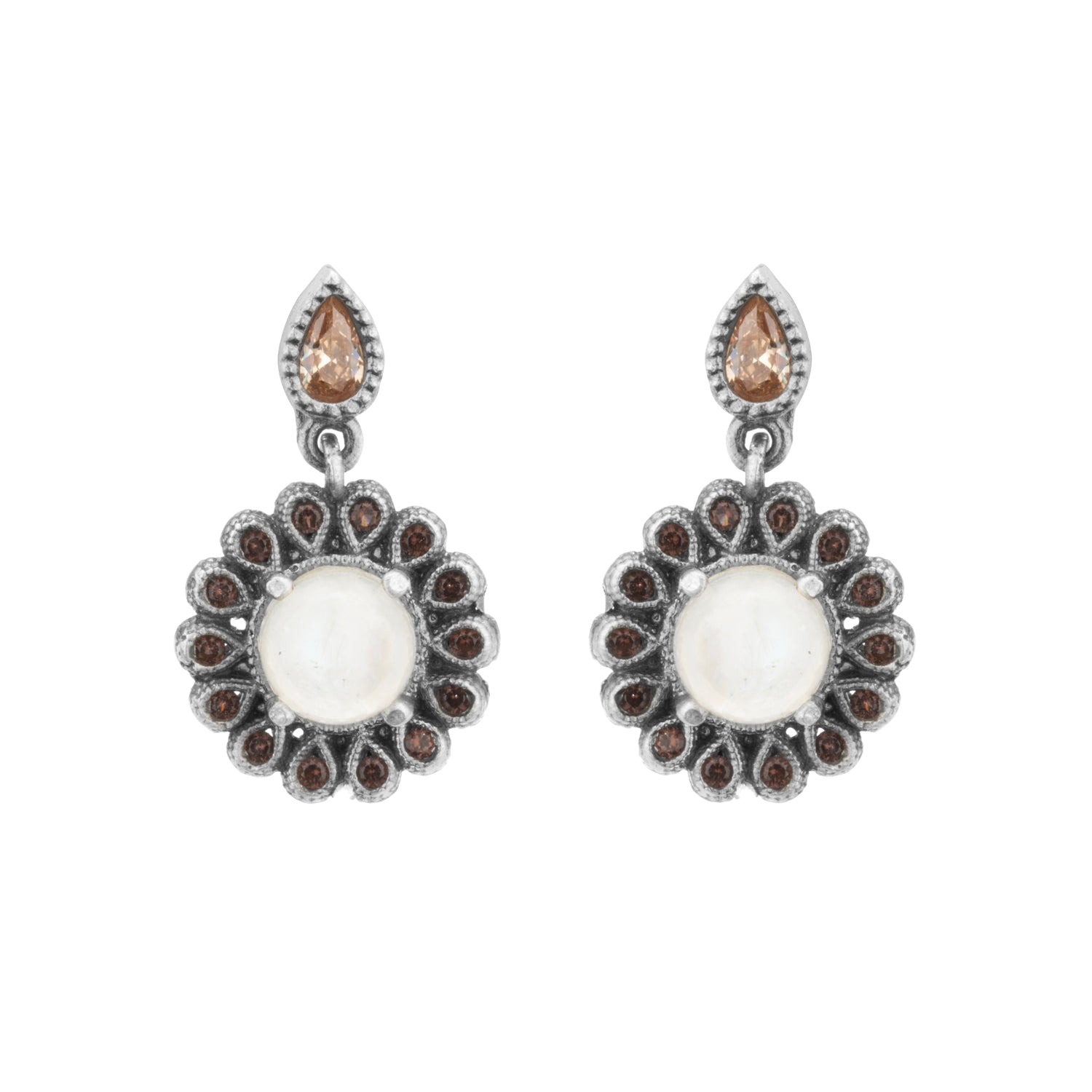 Pendientes plata piedra luna flor, gotas brown