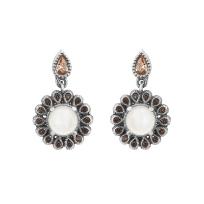 Silver moonstone flower earrings, brown drops
