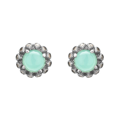 Silver stud earrings with chalcedony, circus-style drops, champagne style