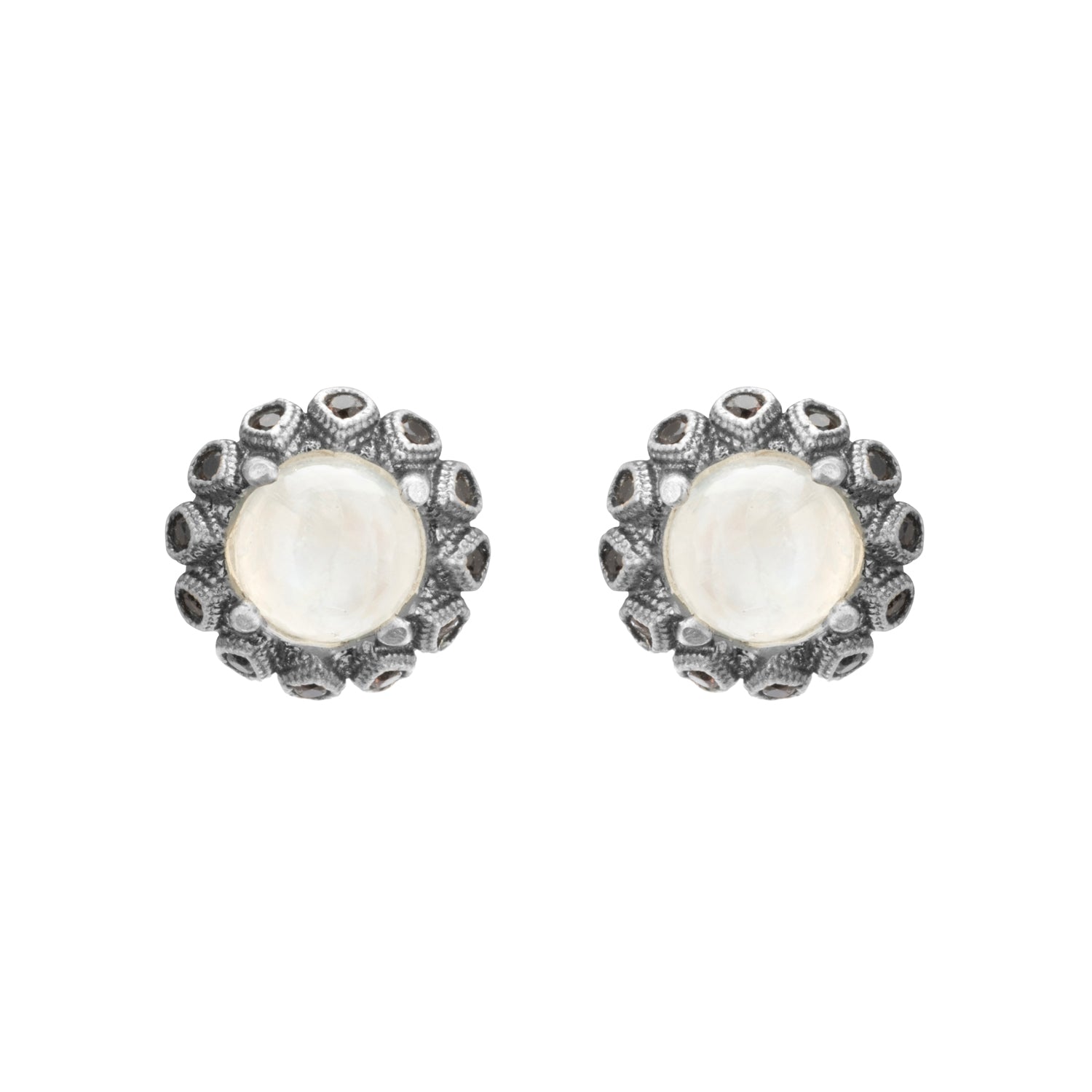 Pendientes plata botón piedra luna, gotas circo brown