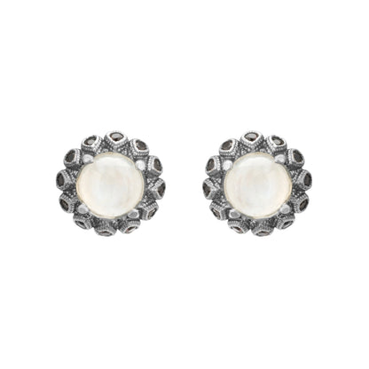 Silver stud earrings with moonstone, brown circus drops