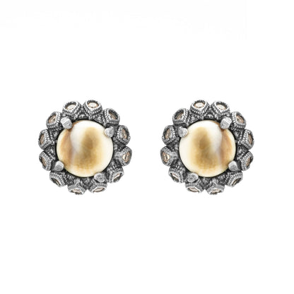 Shiva silver button earrings, circus champagne drops