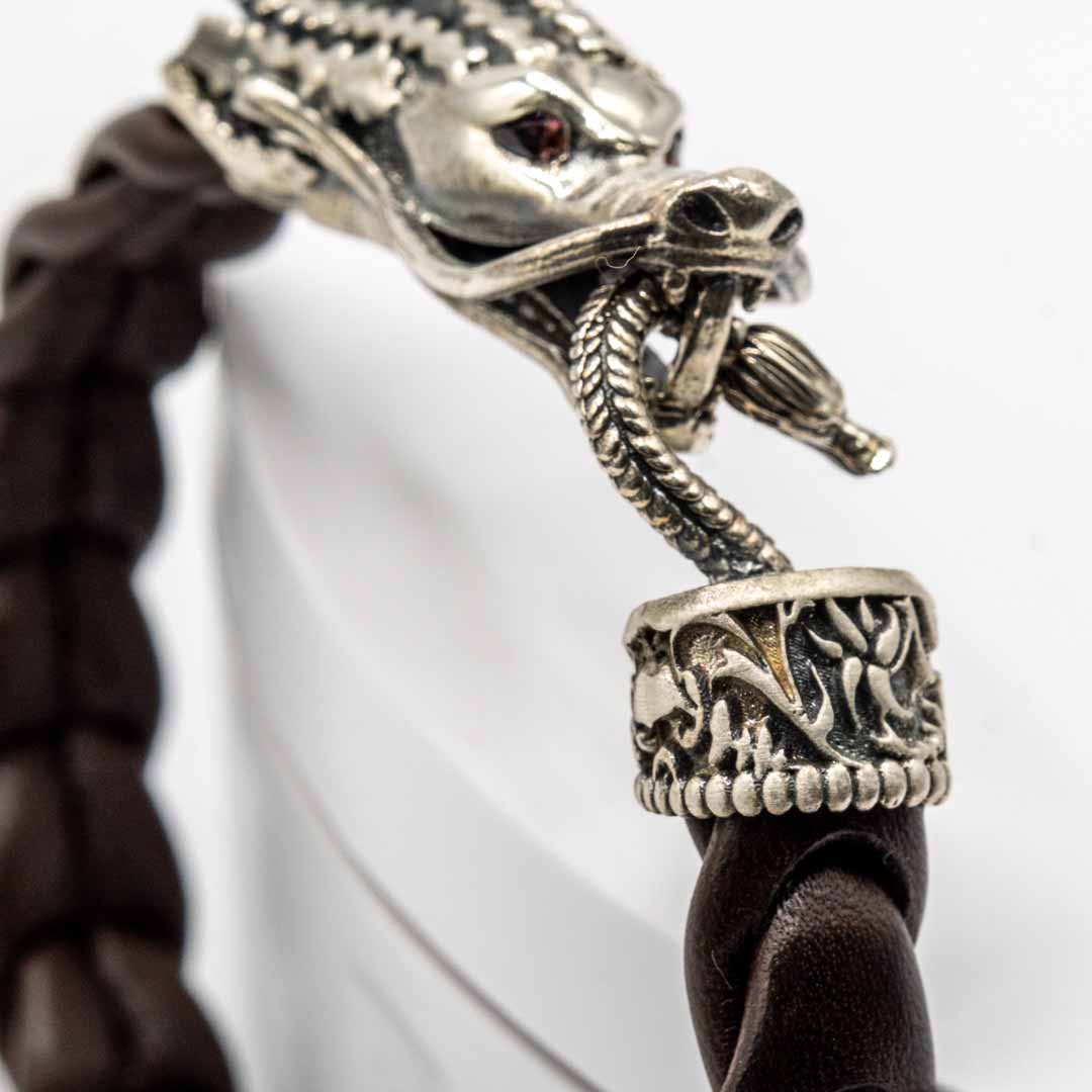 Pulsera Cuero Dragón Plata