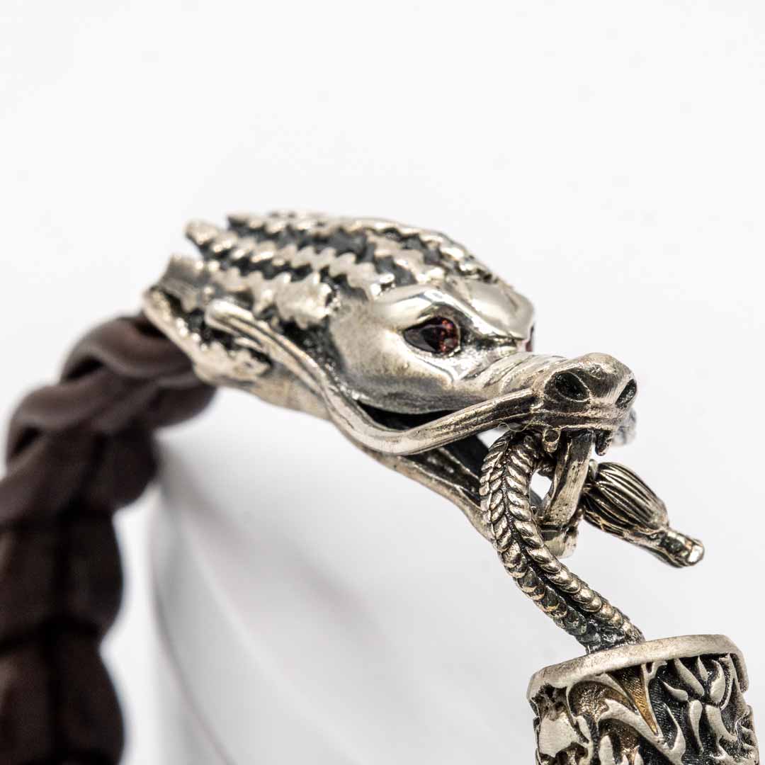 Pulsera Cuero Dragón Plata