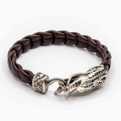 Pulsera Cuero Dragón Plata