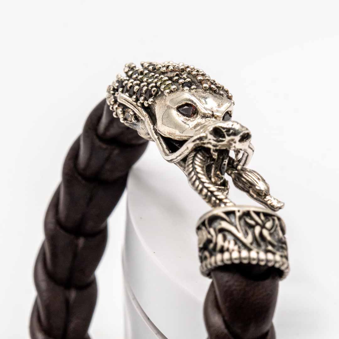 Pulsera Cuero Dragón Plata