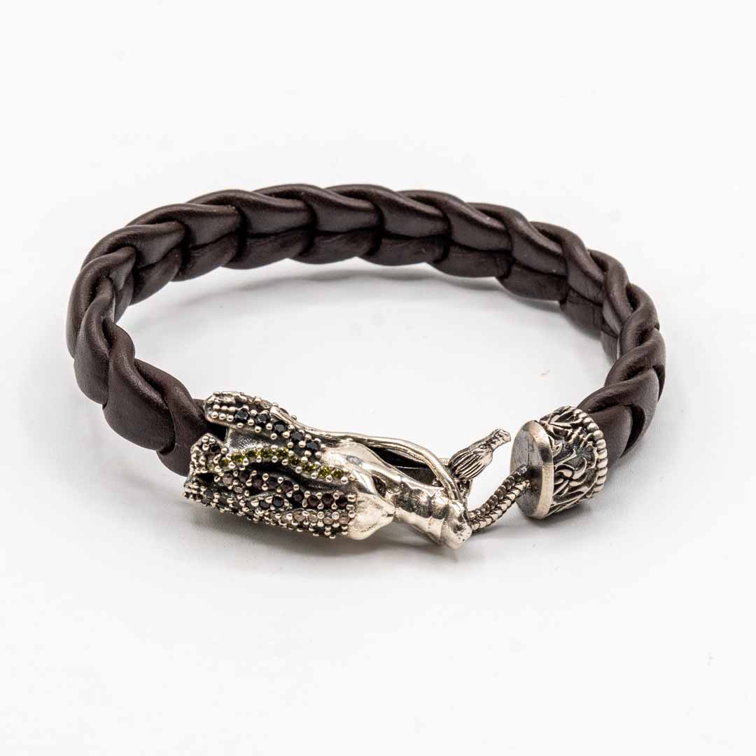 Pulsera Cuero Dragón Plata