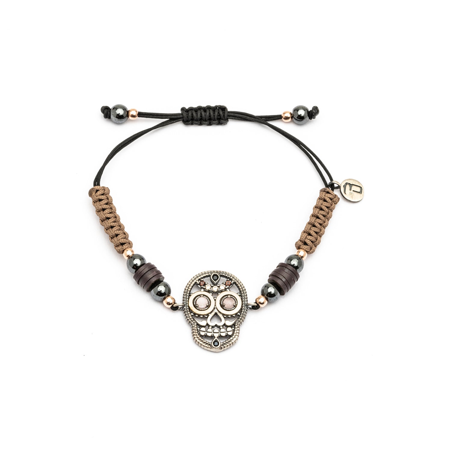 Pulsera Macramé Calavera Plata