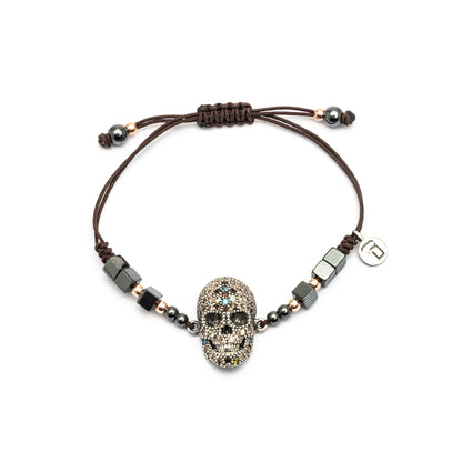 Pulsera Macramé Calavera Plata