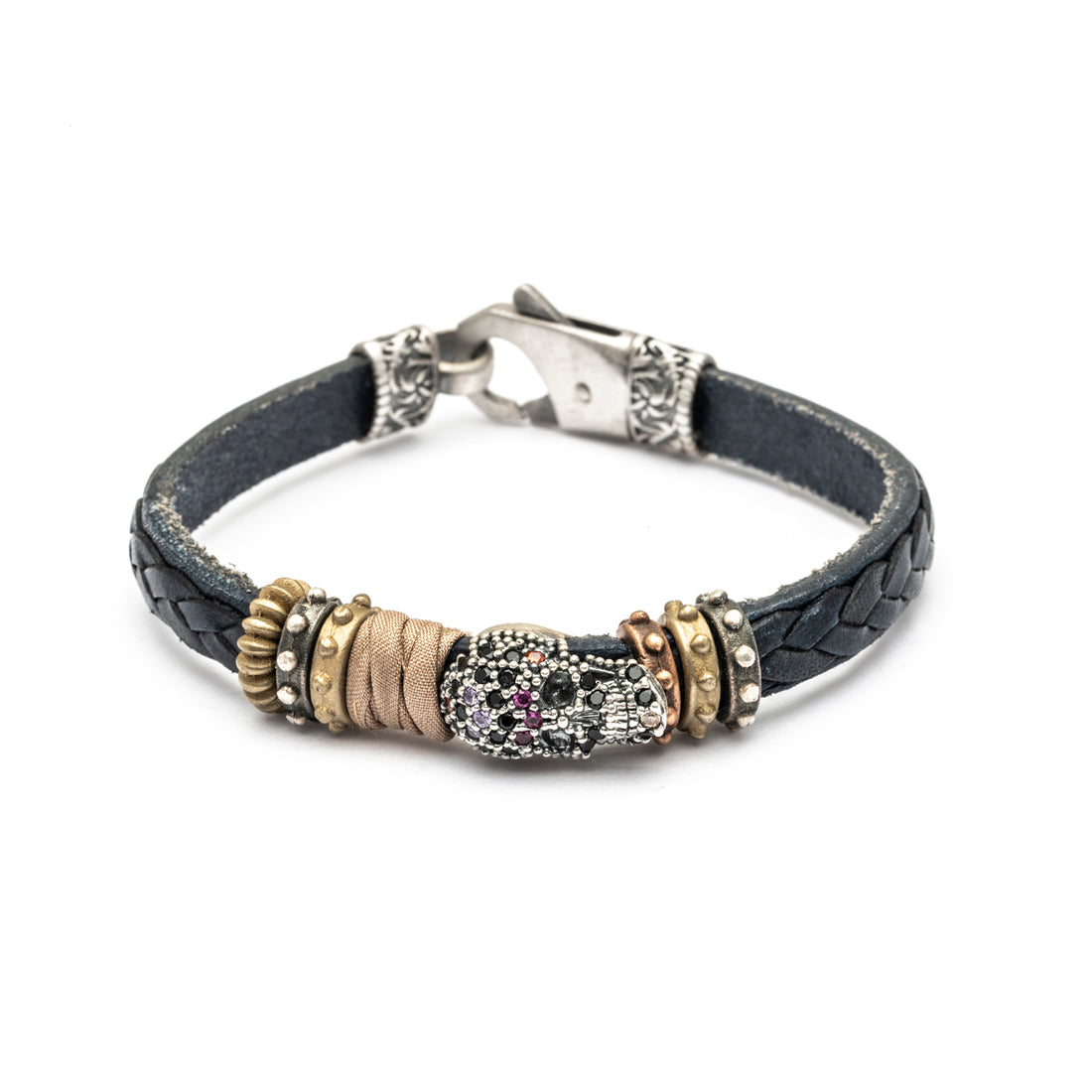 Pulsera Cuero Calavera Plata