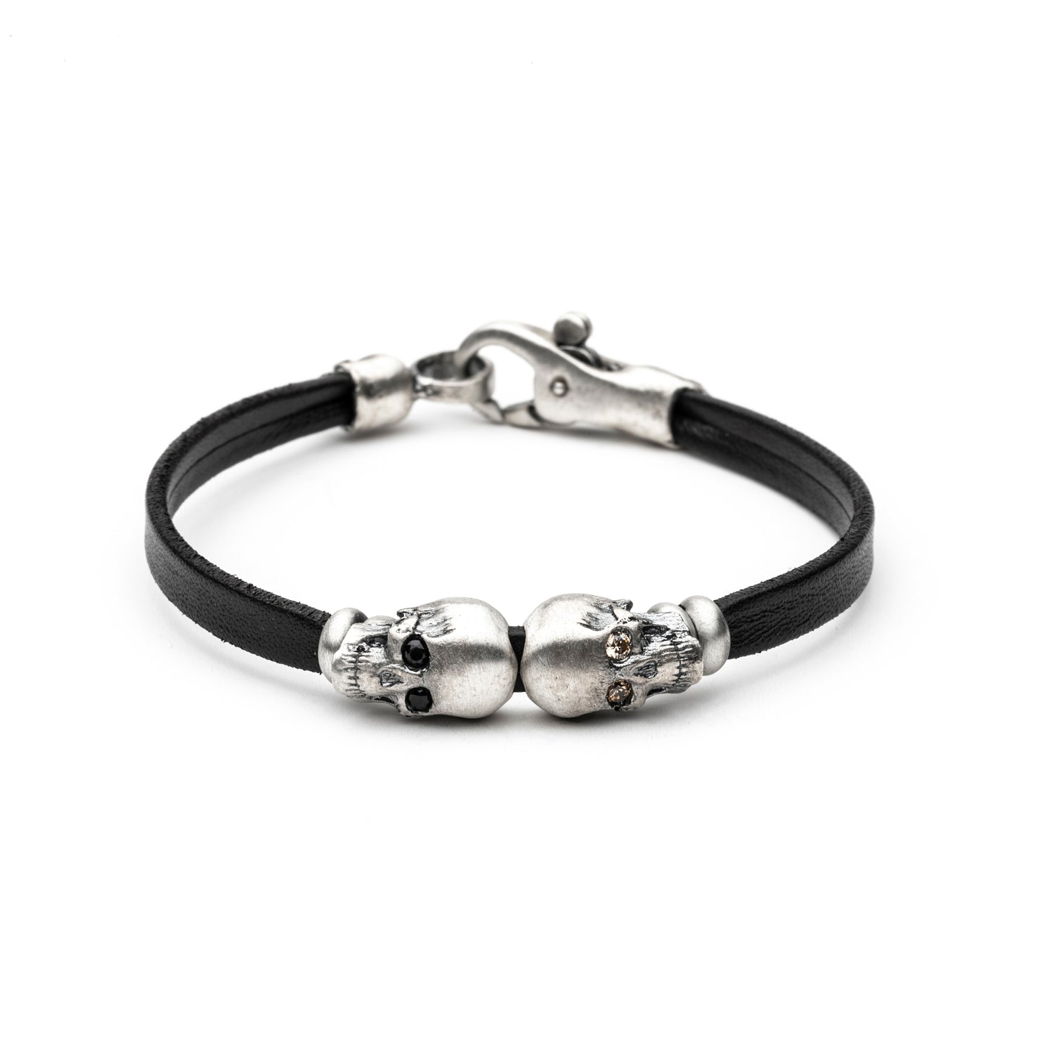 Pulsera Cuero Plata Dos Calaveras