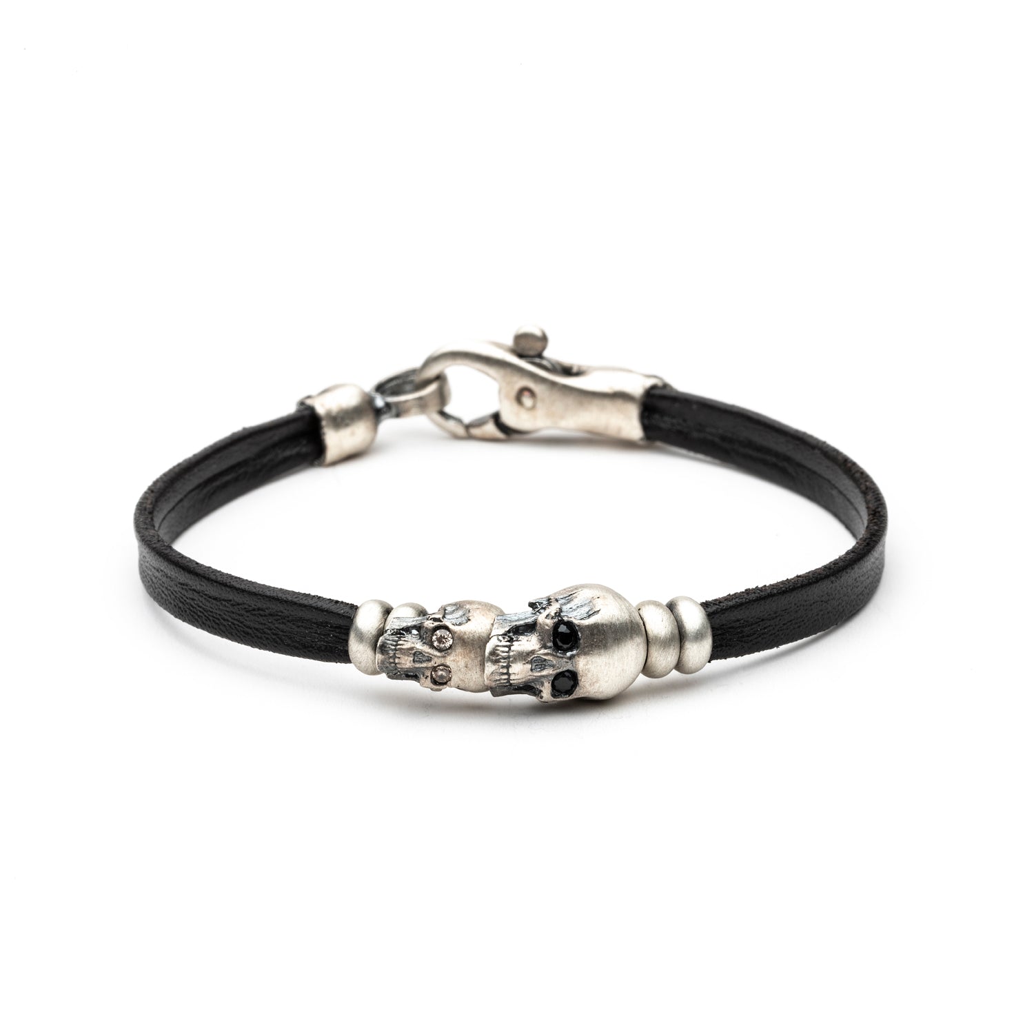 Pulsera Cuero Plata Dos Calaveras