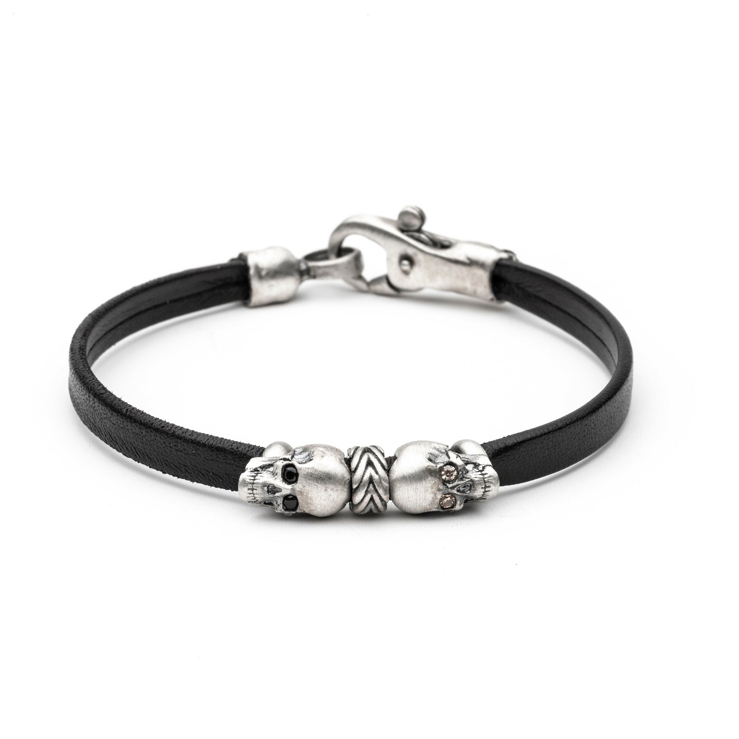 Pulsera Cuero Plata Dos Calaveras