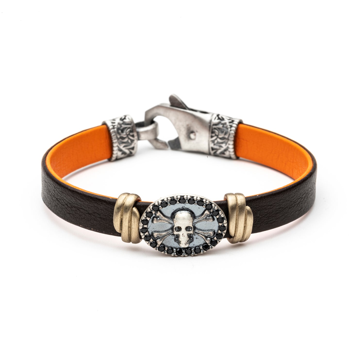Pulsera Cuero Plata Calaveras