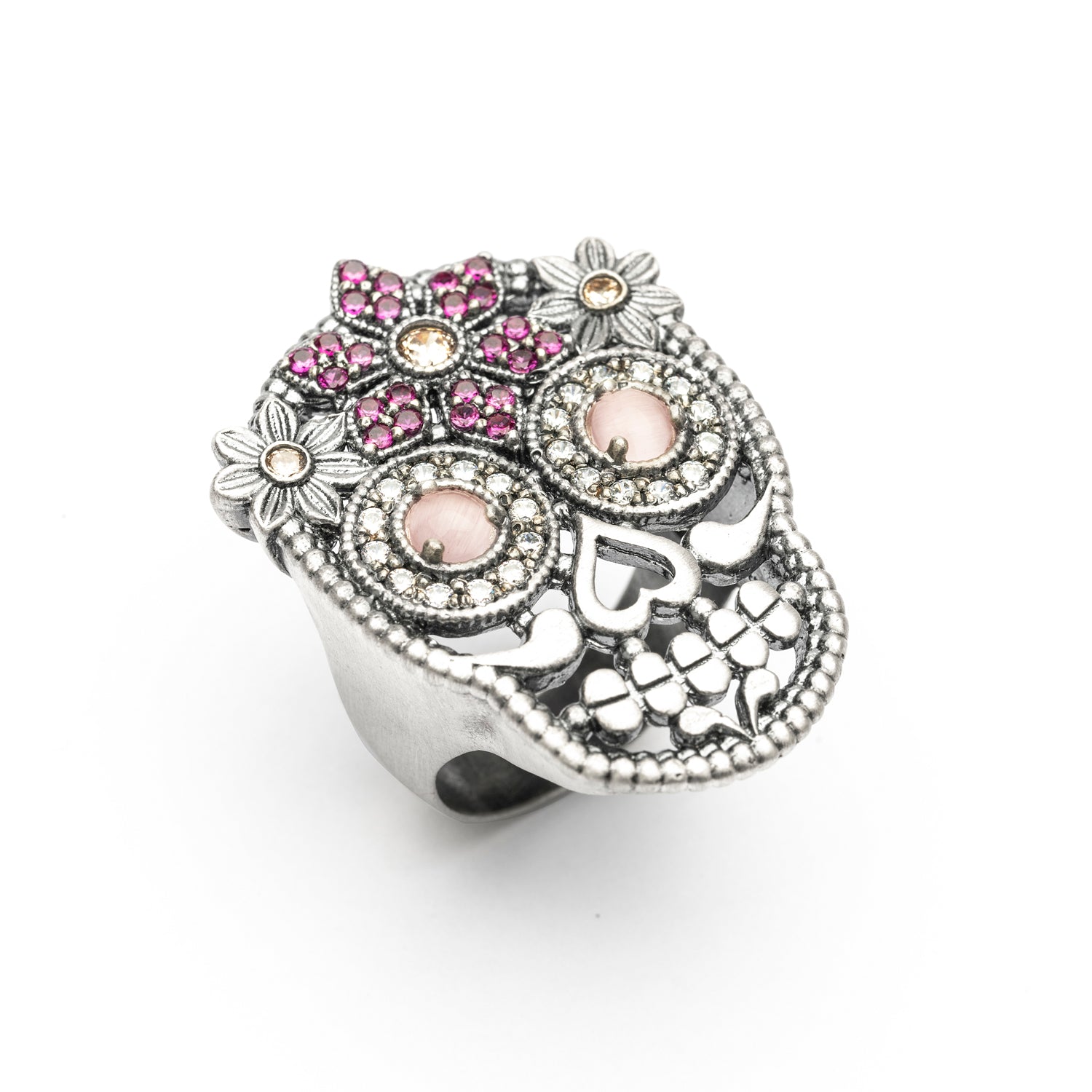 Anillo Grande Plata Calavera Flores